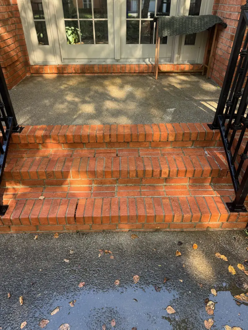 A view from a lower patio looking up a set of three well-maintained brick steps leading to a concrete landing. A small puddle with scattered leaves is on the wet lower concrete surface, with a brick wall and a house entrance behind the steps.