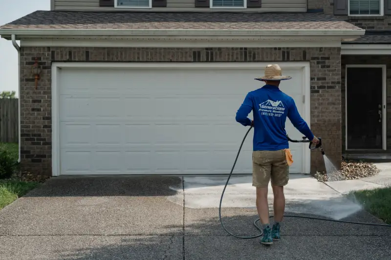 A worker from Generations Pressure Washing, wearing a straw hat and a blue uniform shirt, is seen from behind using a pressure washer to clean a concrete driveway in front of a two-story brick and siding house.