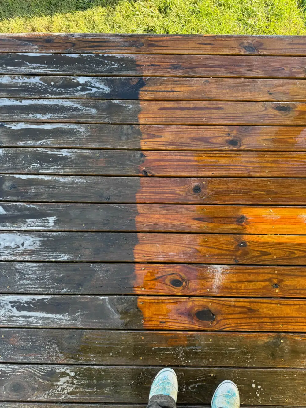 A clear before and after comparison of a wood deck cleaning service, showing dark weathered wood on the left and bright, clean wood grain on the right.